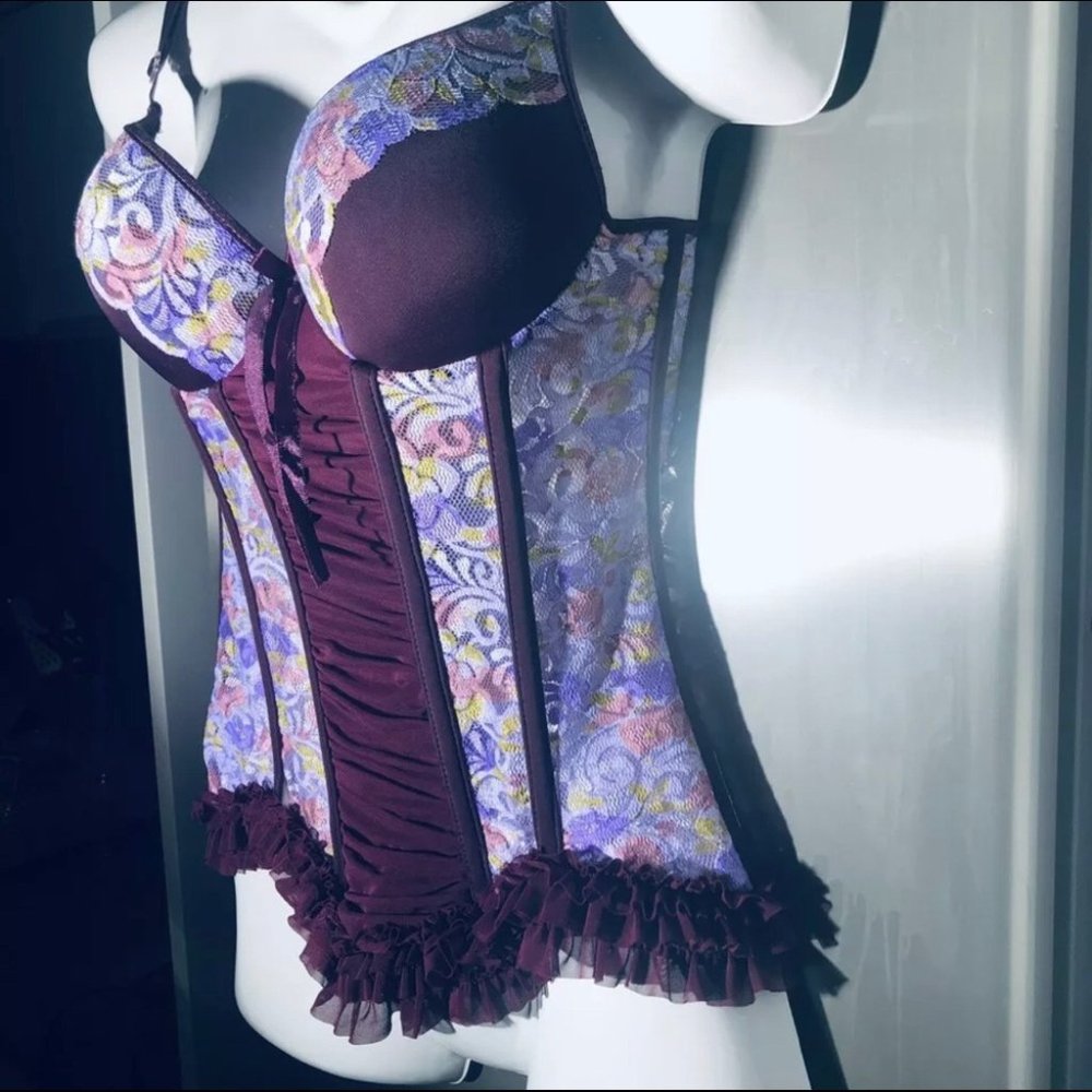 Coquette Purple & Wine Floral Boned Corset Bustier Lingerie Small